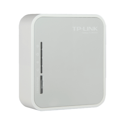 Dispositivo TP-LINK branco e cinzento com texto e luzes indicadoras