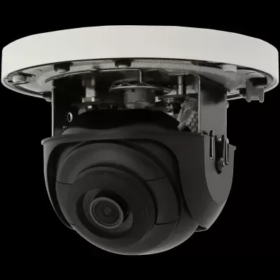 Câmara de segurança de teto preta com montagem metálica e superfície branca circular