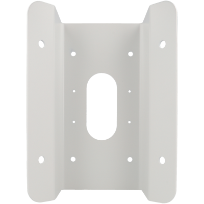 Suporte de montagem metálico branco com orifícios e recorte oval.