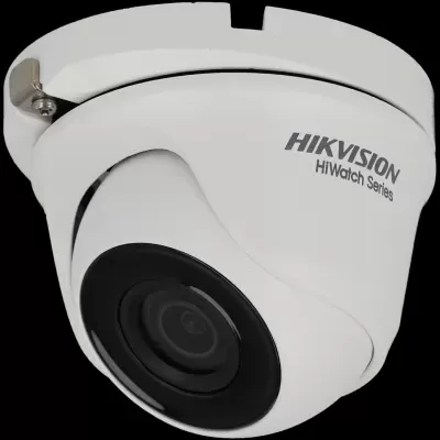 Câmara de segurança domo branca com lente preta e marca HIKVISION HiWatch Series