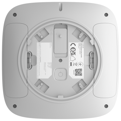 Base móvel branca com adesivos e botões na parte inferior