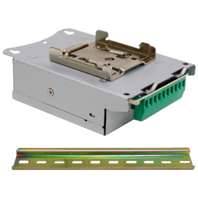 Módulo eletrônico cinza metálico com conector verde e suporte metálico prateado ao lado de barra metálica comprida com furações