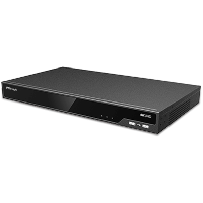 Leitor multimédia preto retangular com texto 4K UHD e ícones frontais