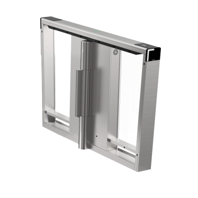 Portão de segurança metálico com painéis transparentes e setas brancas