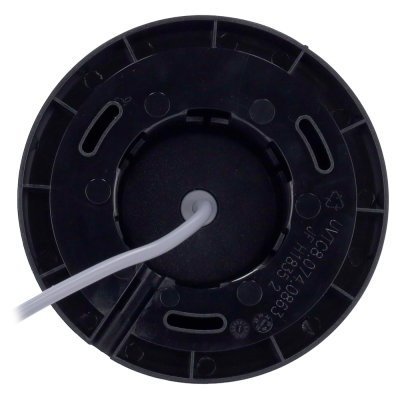 Bobina redonda de plástico preto com cabo branco e inscrições visíveis.