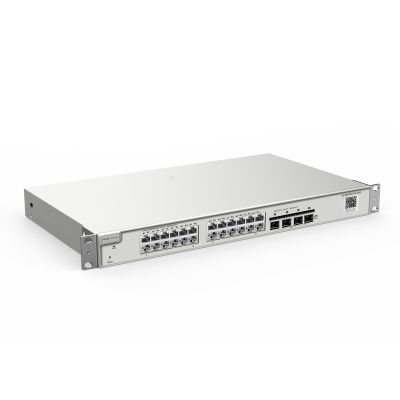 Equipamento de rede cinza claro com portas Ethernet e etiqueta PoE+24P