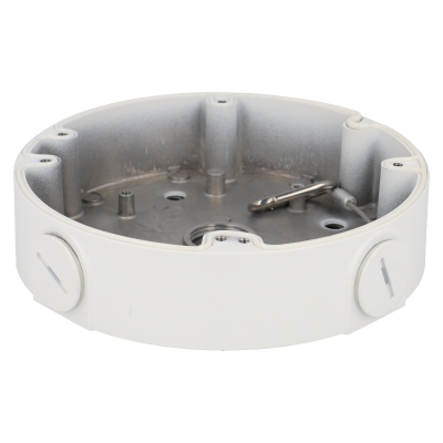 Caixa elétrica redonda branca com interior metálico e tampas para cabos