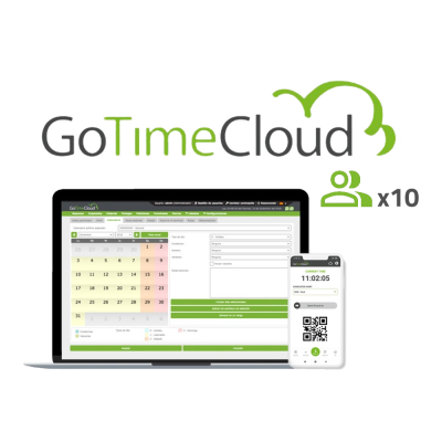 Software GoTimeCloud em portátil e smartphone com calendário e QR code