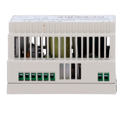 Dispositivo eletrônico branco com ventilação e conexões verdes