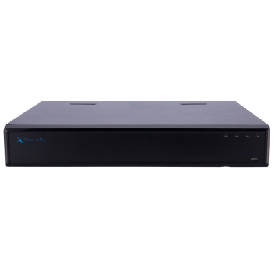 Aparelho preto retangular XSecurity com porta USB e luzes indicadoras na frente