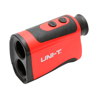 Dispositivo eletrônico preto e vermelho da marca UNI-T com botões e lentes