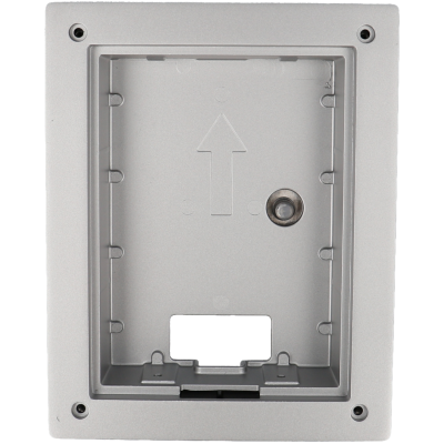 Caixa de plástico cinza com abertura frontal e quatro furos de fixação