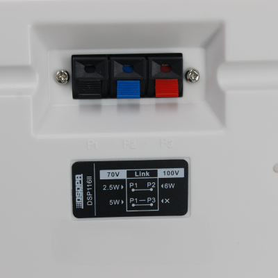 Conector de áudio DSP116II com terminais coloridos e etiqueta preta