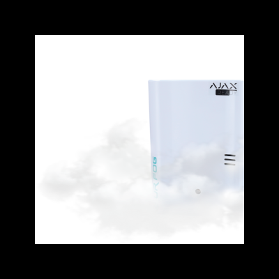 Dispositivo eletrônico branco com texto AJAX e UR FOG envolto em fumaça