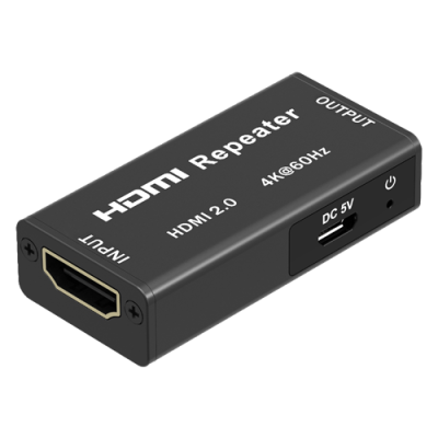 Repetidor HDMI preto com entradas e especificações impressas