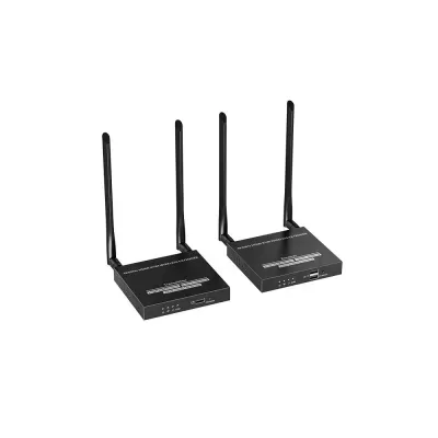 Extensores sem fios HDMI pretos com antenas verticais e LEDs indicadores