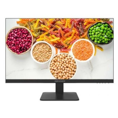 Monitor HIKVISION mostrando alimentos em recipientes, como massa tricolor e legumes