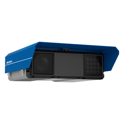 Câmara de vigilância Hikvision azul e preta com lente e LEDs