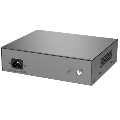 Dispositivo eletrônico cinzento retangular com entrada AC e botão prateado.