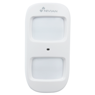 Sensor de movimento branco NIVIAN com dois detectores retangulares e orifício circular ao centro