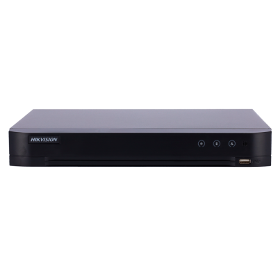 Leitor/gravador de DVR preto Hikvision com botões e porta USB na frente