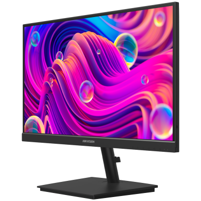 Monitor computador preto com ecrã colorido vibrante e suporte retangular preto.