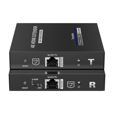 Conjunto de dois dispositivos 4K HDMI Extender preto com entradas CAT6 e botões de reset