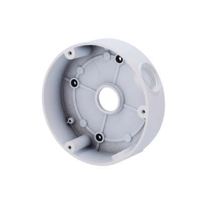 Suporte redondo branco com orifícios e pontos de fixação