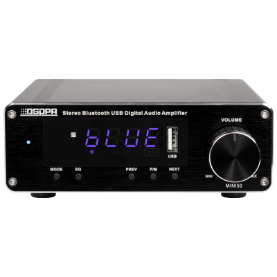 Amplificador digital preto DSPPA com Bluetooth e USB com display azul e botão de volume