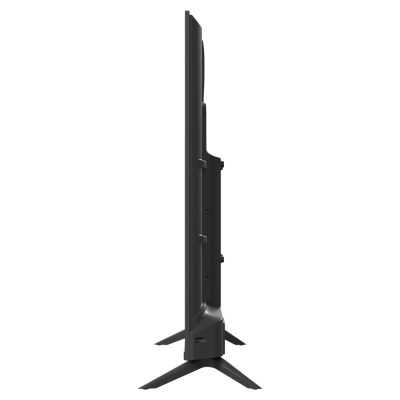 Televisor preto visto de perfil com suporte em forma de V invertido