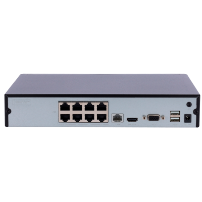 Dispositivo eletrónico cinzento e preto com várias portas de conectividade sobre fundo branco