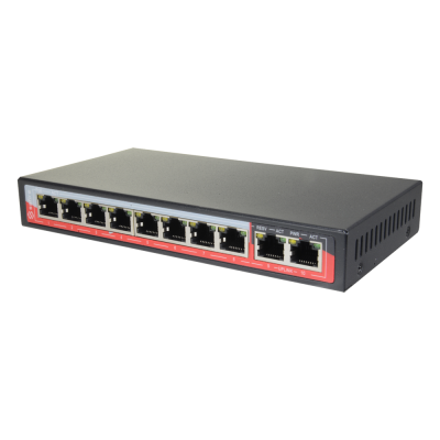 Switch de rede Ethernet cinzento com oito portas e painel vermelho