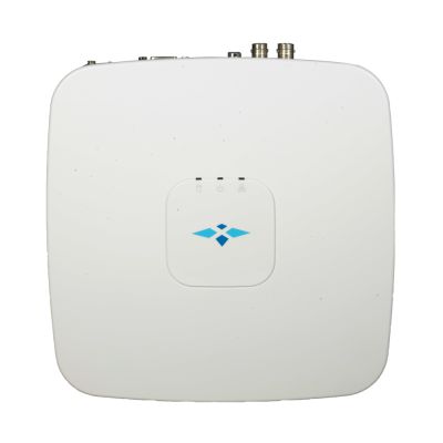 Dispositivo eletrônico branco quadrado com indicador LED e símbolo azul