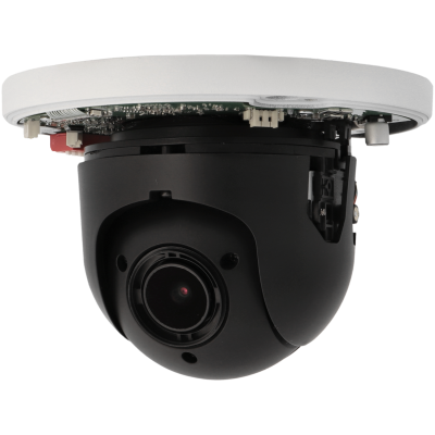 Câmara de vigilância dome preta e branca com componentes internos expostos