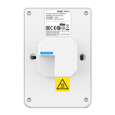 Dispositivo branco com etiquetas e conector WAN/PoE