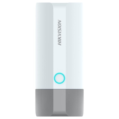 Dispositivo branco e cinzento com botão azul e texto HIKVISION