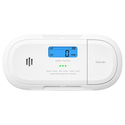 Detetor de monóxido de carbono digital branco com ecrã azul e botão TEST
