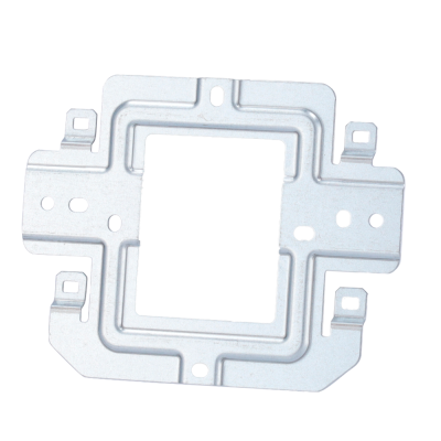 Suporte metálico prateado quadrado com orifícios e recortes
