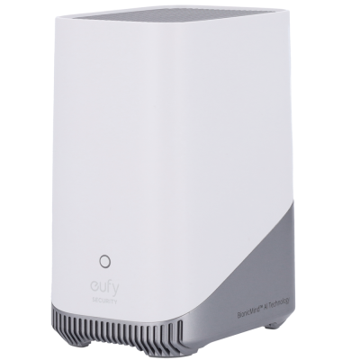 Dispositivo eufy white and grey com texto de segurança e tecnologia AI