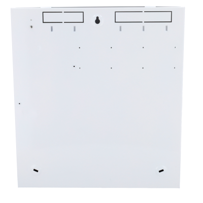 Painel metálico branco com furos e recortes para fixação