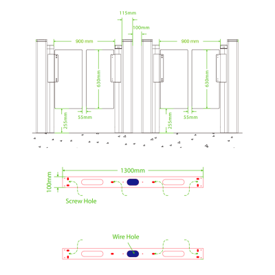 Desenho técnico de portões automáticos com medidas em milímetros e detalhes de montagem