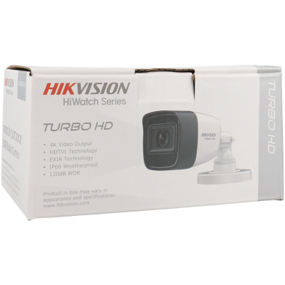 Caixa branca de câmara Hikvision HiWatch Turbo HD com imagem da câmara e especificações técnicas.