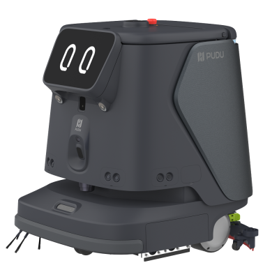 Robô de limpeza automatizado cinza escuro com olhos digitais e logótipo PUDU