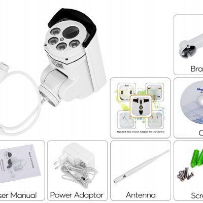 Câmara de segurança branca com acessórios e manual