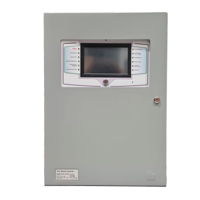 Painel de controlo de alarme de incêndio cinza com ecrã táctil e etiquetas