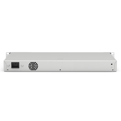 Equipamento eletrônico metálico cinza claro com ventilação lateral e entrada de energia