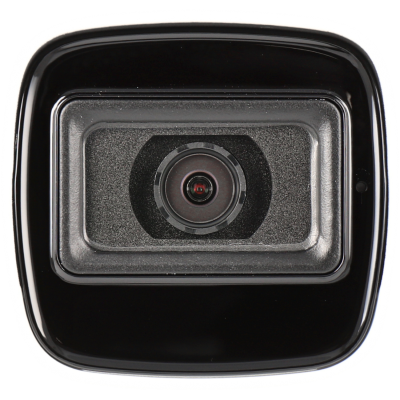 Câmera quadrada preta com lente circular central