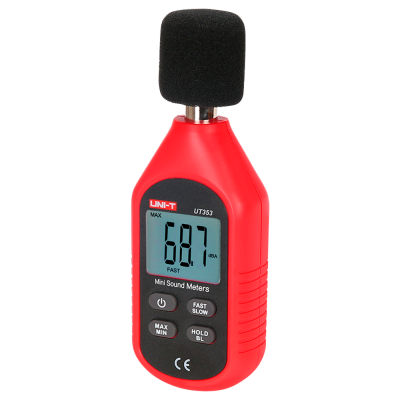 Medidor de som portátil vermelho com visor digital e microfone com espuma preta