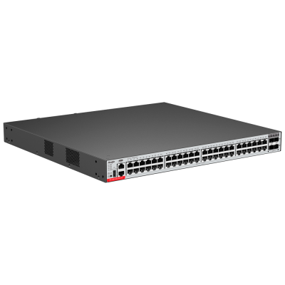 Comutador de rede de 48 portas em cinza escuro com painéis prateados e texto Aruba 2530