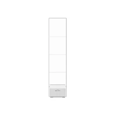 Expositor vertical branco com quatro prateleiras e base com texto